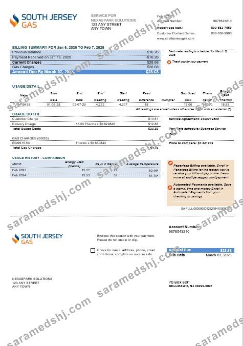 USA New Jersey South Jersey Gas business utility bill template in Word and PDF formats